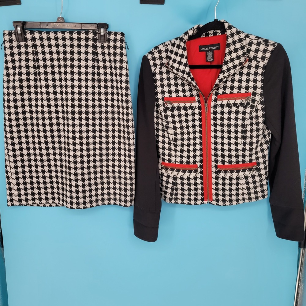 Leslie Stuart Skirt Suit Womens Sz 6 Houndstooth Red Trim Moto Jacket Set career
